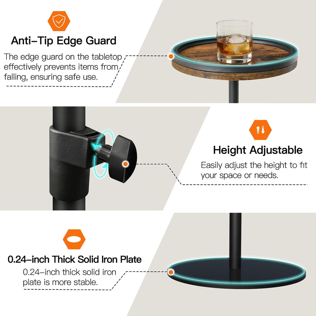 Drink Table, Small Round Side Table Height Adjustable Martini Table with Weighted Metal Base, Pedestal Table for Small Spaces, Accent Table for Living Room, Bedroom, Bathroom (Brown-1)