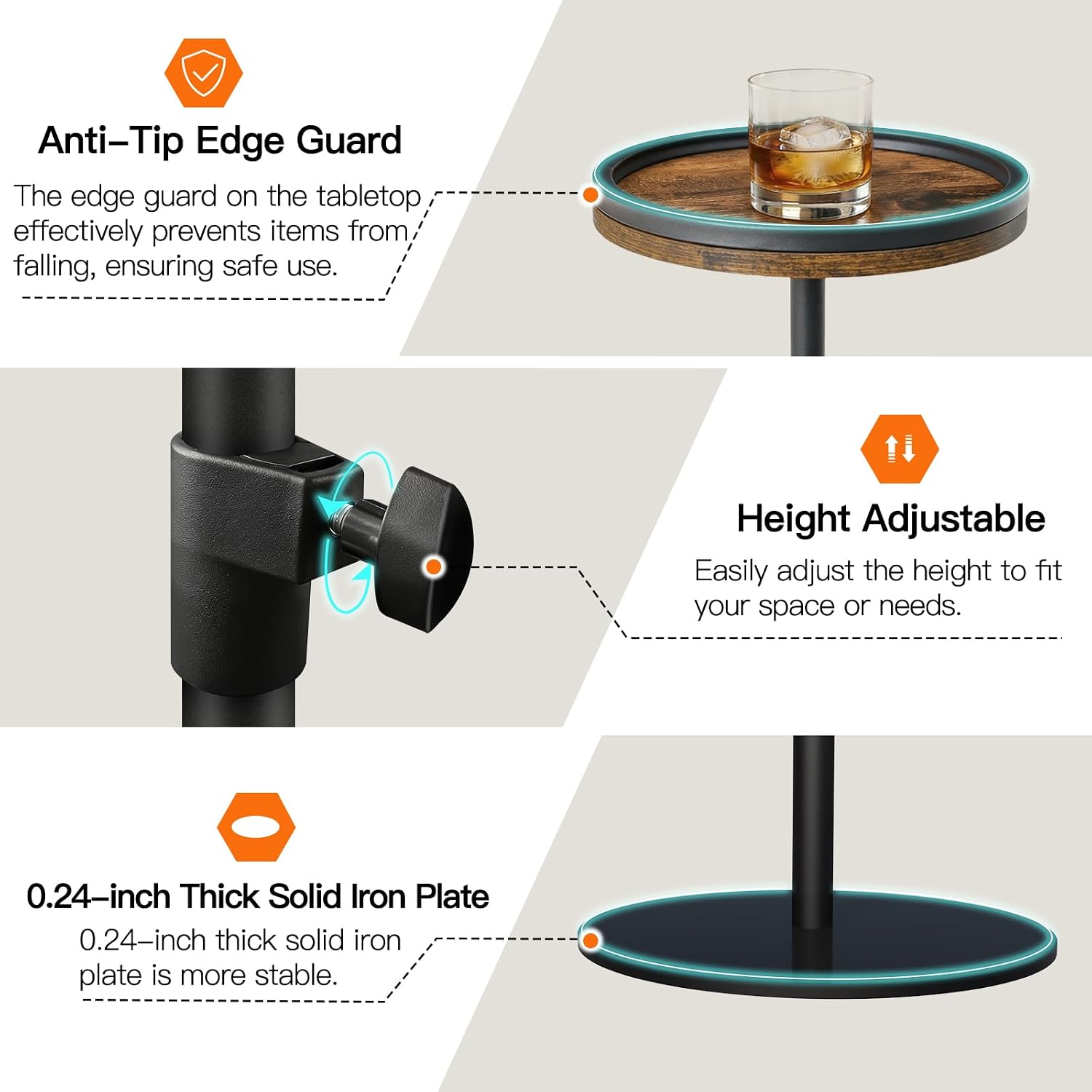 Drink Table, Small Round Side Table Height Adjustable Martini Table with Weighted Metal Base, Pedestal Table for Small Spaces, Accent Table for Living Room, Bedroom, Bathroom (Brown-1)