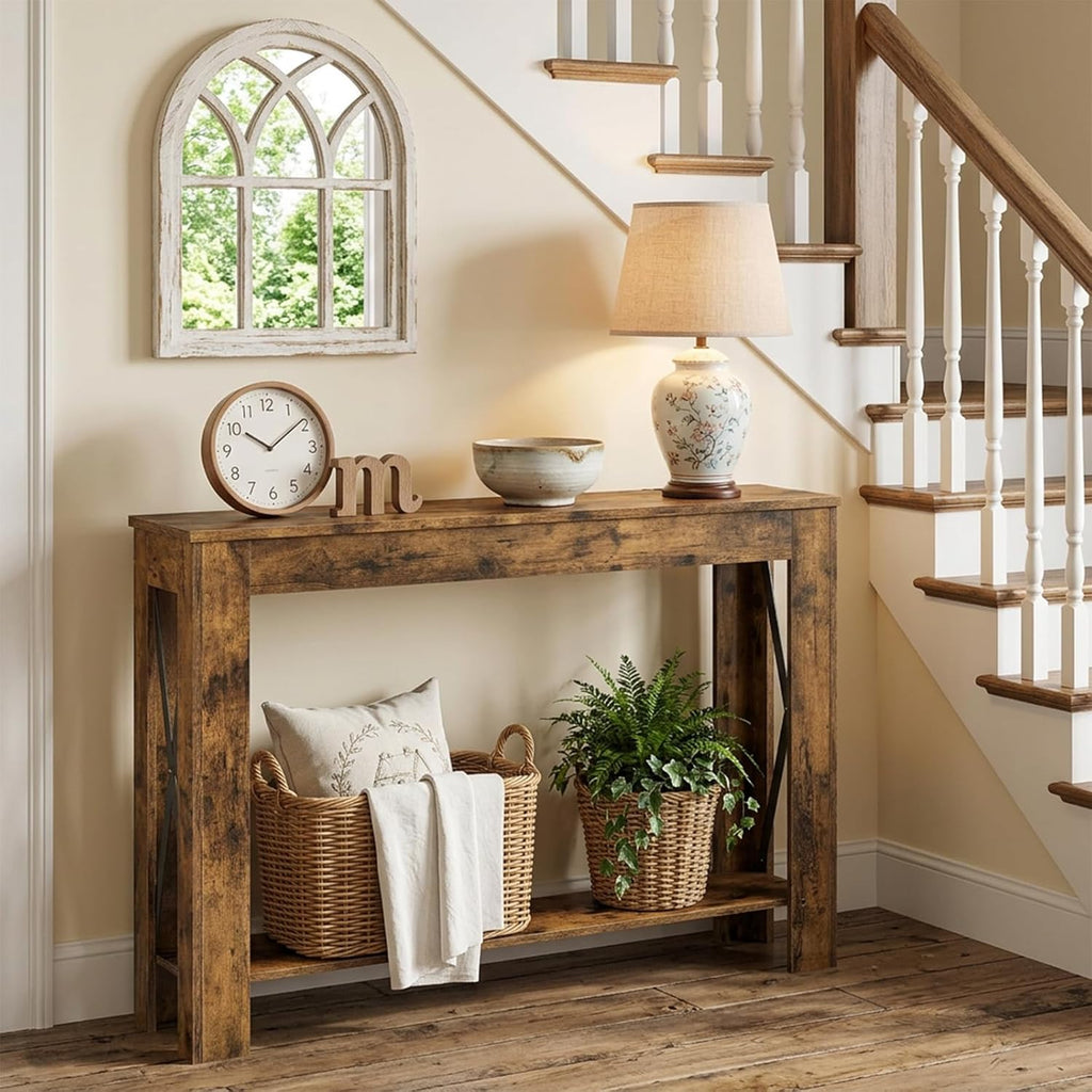 YATINEY Farmhouse Console Table, 39.4'' Small Narrow Entryway Table, Wood Couch Table Behind Sofa with Storage Shelf, Slim Farmhouse Hallway Table for Living Room, Hallway, Foyer, Rustic Brown CT34RR