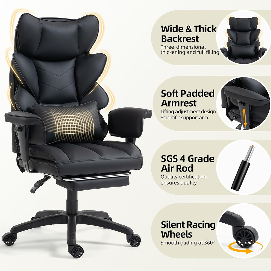 Office Chair,Executive Ergonomic Office Chair with Pocket Spring Cushion, High Back Computer Gaming Chair with Adjustable Armrests, Lumbar Support, Footrest, Executive Chair - Black PU Leather
