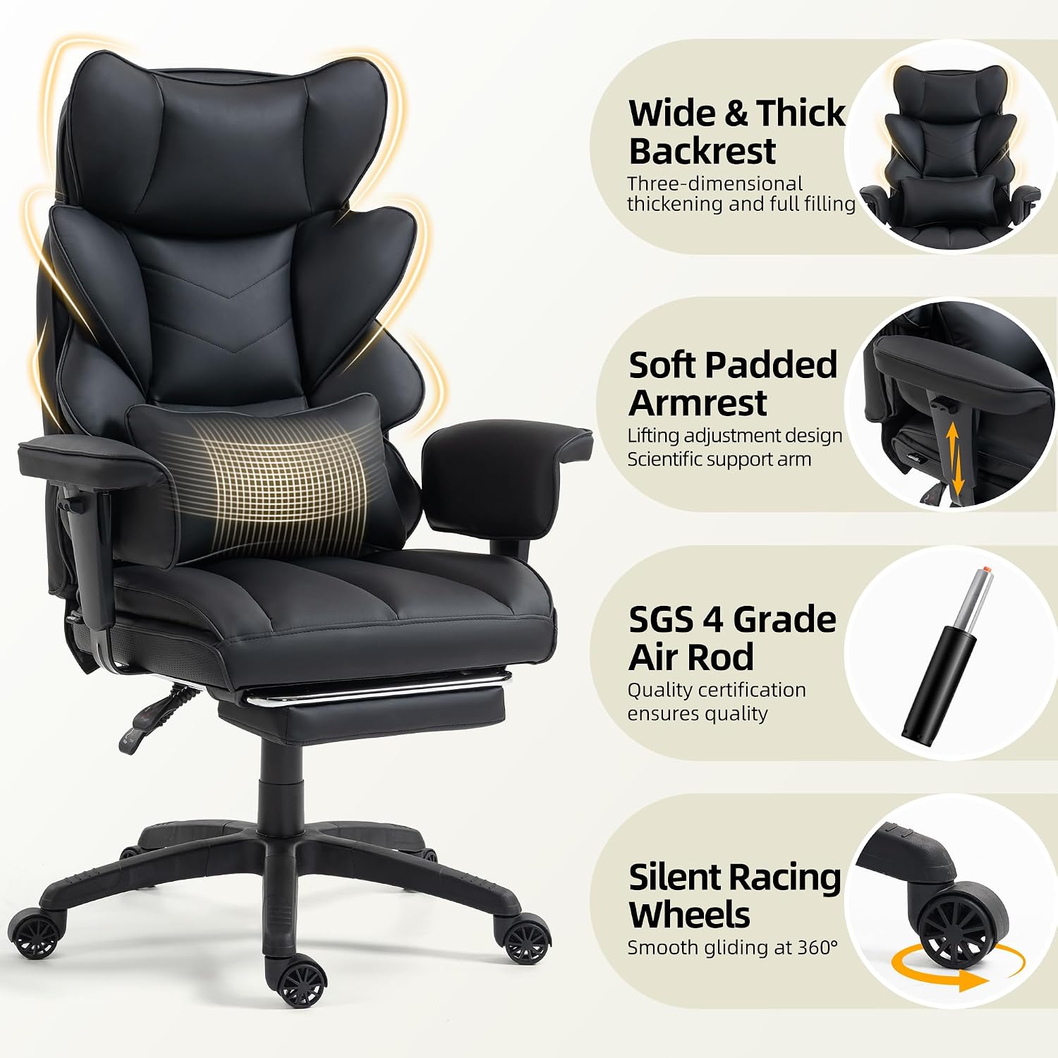 Office Chair,Executive Ergonomic Office Chair with Pocket Spring Cushion, High Back Computer Gaming Chair with Adjustable Armrests, Lumbar Support, Footrest, Executive Chair - Black PU Leather