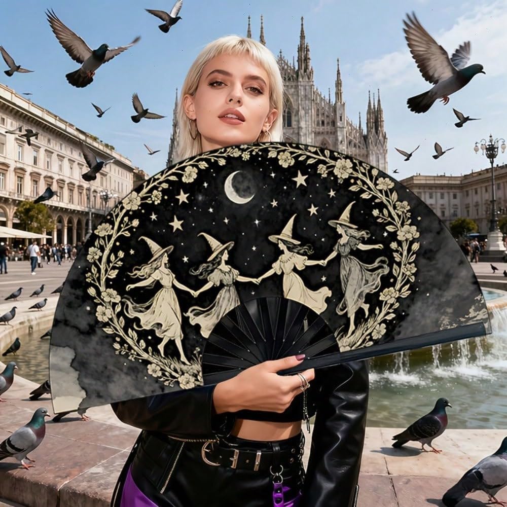 Large Folding Hand Fan, Black, Dancing Witches Design, Moon and Stars Theme, Halloween Costume Accessory