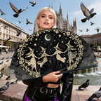 Large Folding Hand Fan, Black, Dancing Witches Design, Moon and Stars Theme, Halloween Costume Accessory