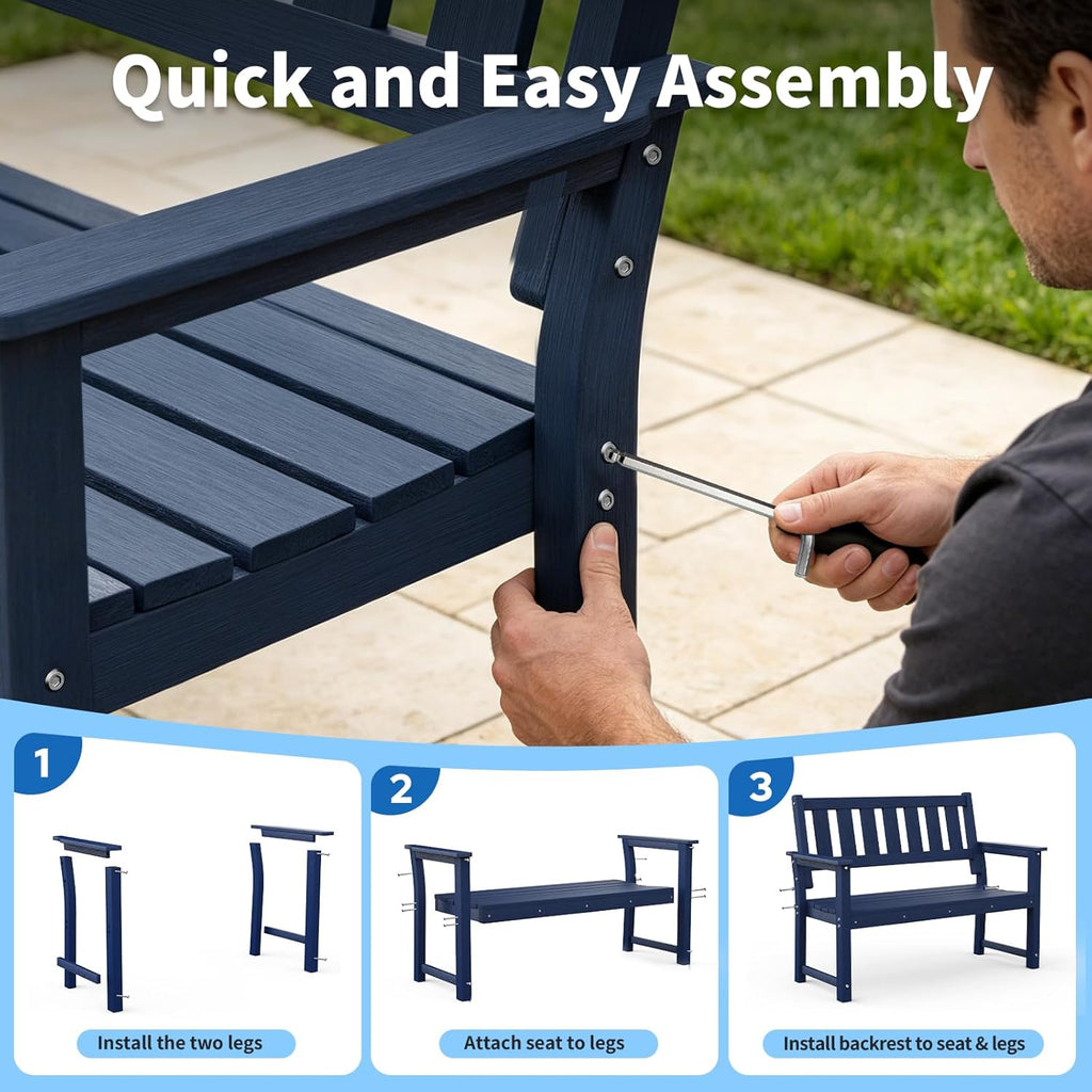 HDPE 2-Person Outdoor Bench, Poly Lumber All-Weather Patio Garden Bench with Backrest, 50 Inch Heavy-Duty Memorial Bench with 800 Lbs Capacity for Outside, Yard, Porch, Balcony and Park (Blue)