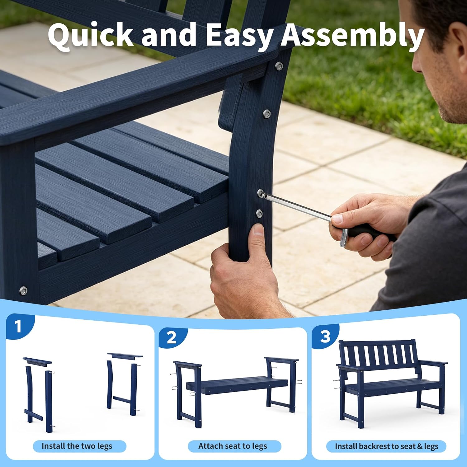 HDPE 2-Person Outdoor Bench, Poly Lumber All-Weather Patio Garden Bench with Backrest, 50 Inch Heavy-Duty Memorial Bench with 800 Lbs Capacity for Outside, Yard, Porch, Balcony and Park (Blue)