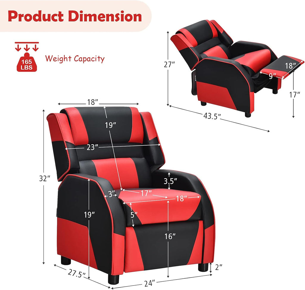 HONEY JOY Kids Recliner, Youth Game Reclining Chair w/Headrest & Back Pillow, Upholstered Leather Lounge Chair for Boys Girls, Manual Adjustable Toddler Single Sofa Chair for Living Room (Red)