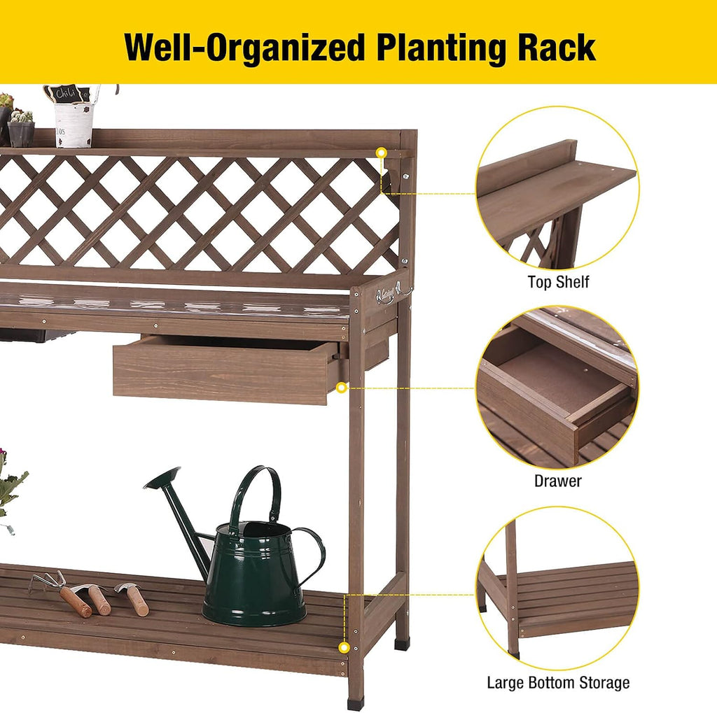 Aivituvin Potting Bench with PVC Layer, Outdoor Gardening Work Bench with Sink & Lid, Wooden Planting Table for Outside with Storage, Drawer, Shelf, Hook