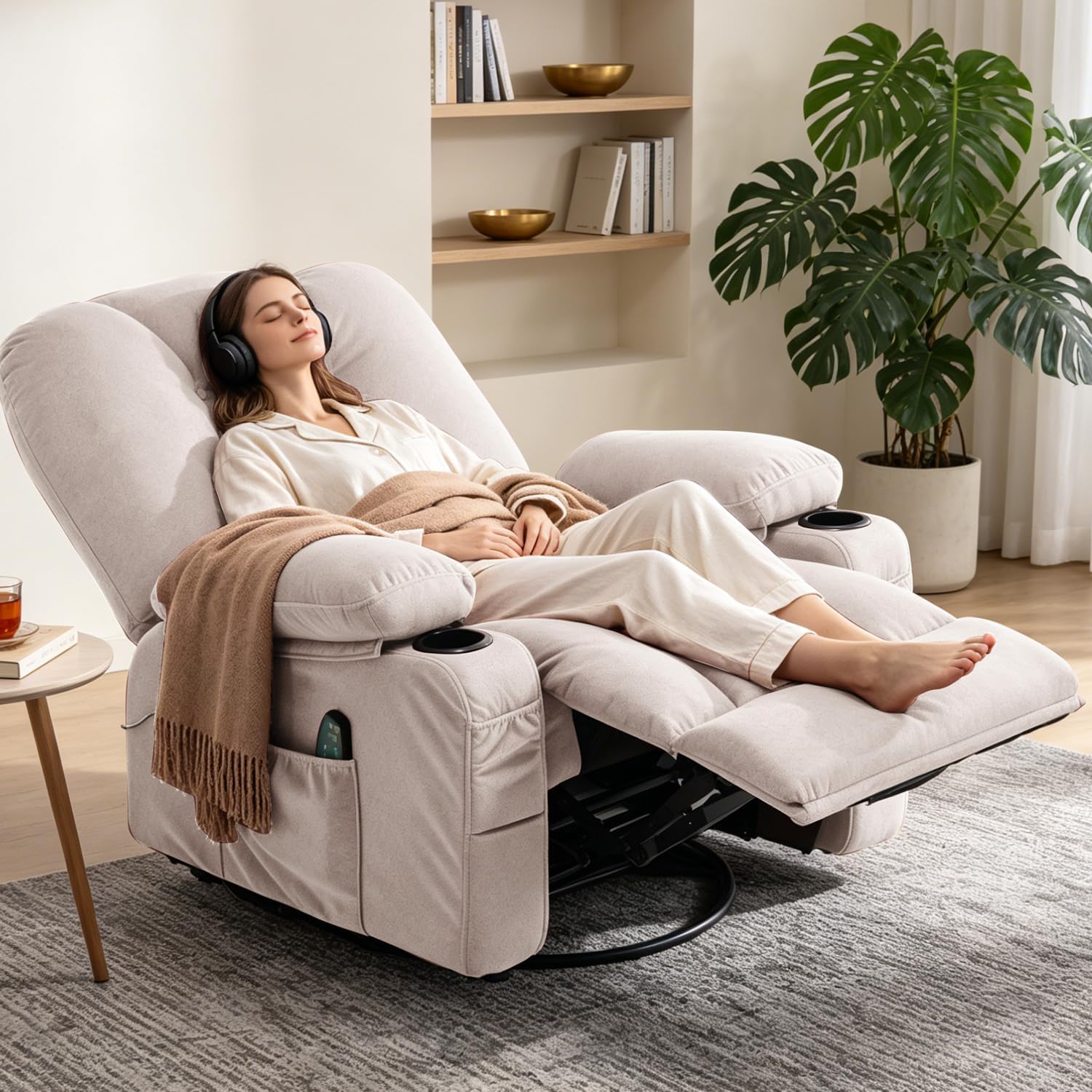 Rocker Recliner Chair with Massage and Heat, Oversized Rocking Nursery Recliners Overstuffed Swivel Glider with Cup Holder, Fabric Manual Single Sofa for Living Room, Beige