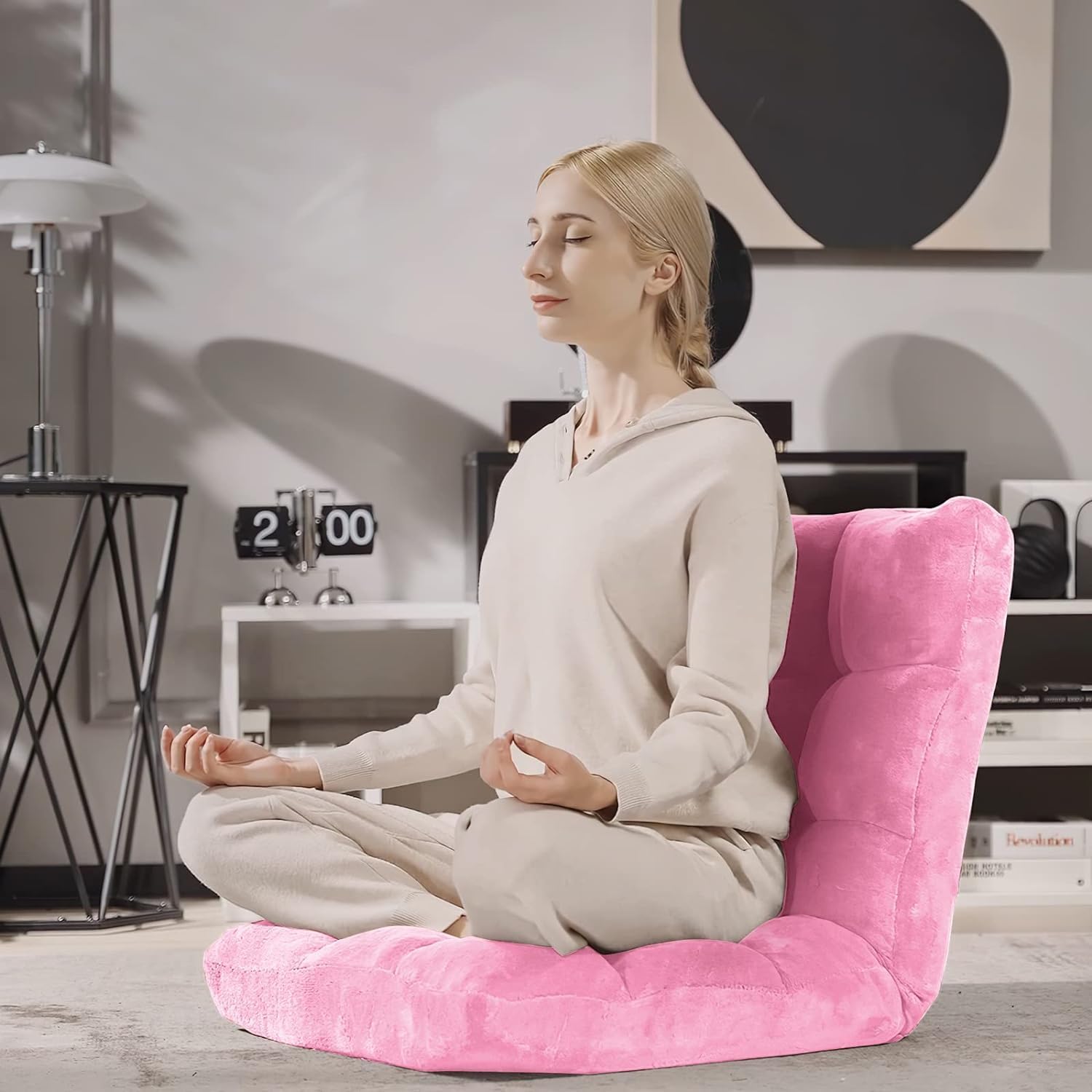 RELAX4LIFE Floor Chair with Back Support - 14-Position Adjustable Lazy Sofa Chair, Padded Sleeper Bed & Couch Recliner for Reading Meditation, Folding Floor Gaming Chair for Adults (Pink)