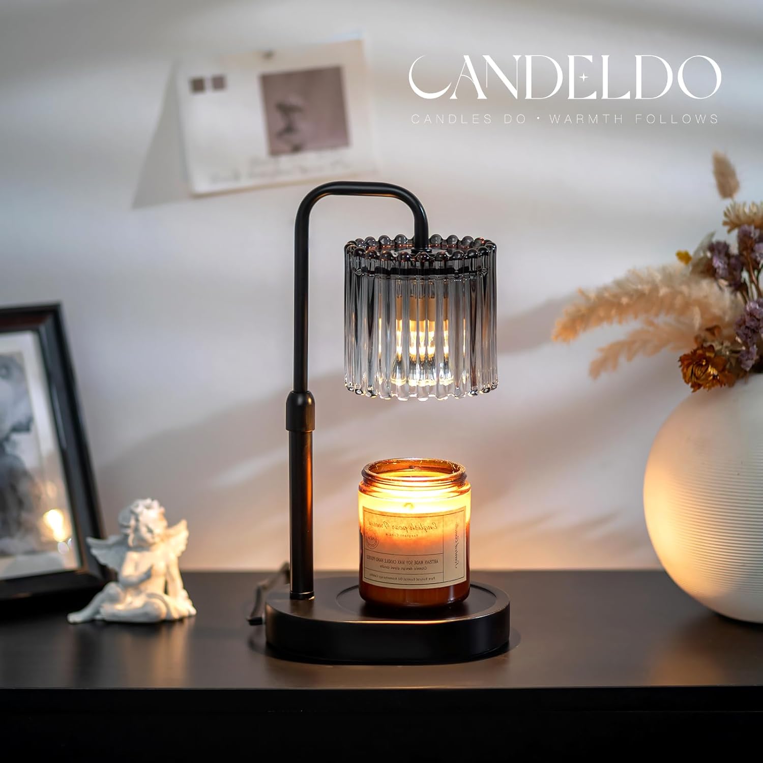 Candeldo Candle Warmer Lamp with Timer: Black Candle Warming Lamp Height Adjustable Wax Melt Warmer Dimmable Modern Farmhouse New Home Bedroom Decor Mothers Day Housewarming Gift for Women