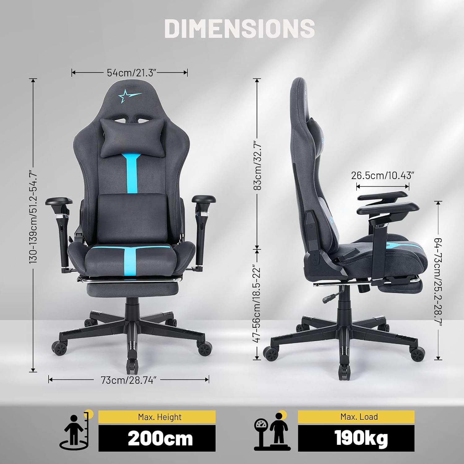 Gaming Chair with footrest,6D armrests for Gamer Chair,360° Perfectly Support Your Elbows and Wrists,Breathable Suede Fabric and 155° Recline with lumb Support(Dark Gray-Blue) (Grey-Blue)