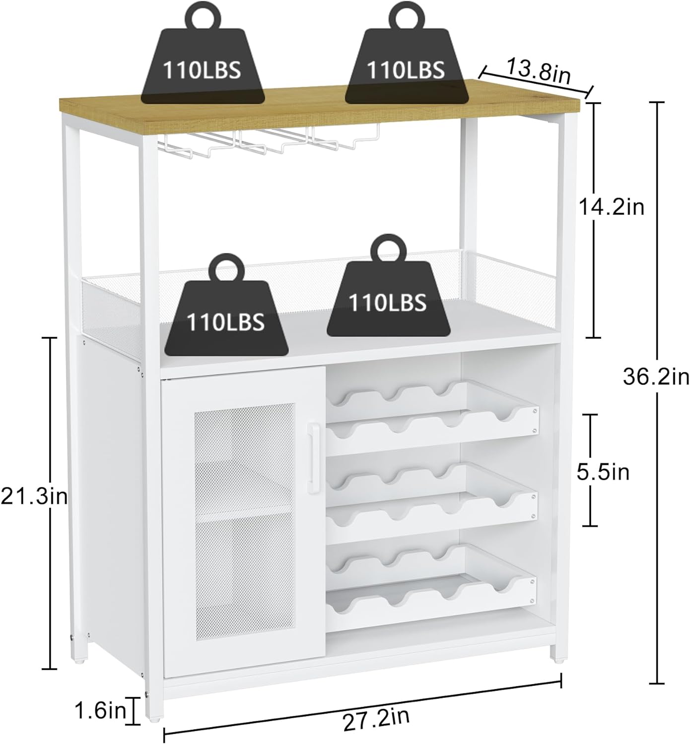 GAOMON Wine Bar Cabinet with Detachable Wine Rack, Bar Cabinet with Storage Space & Glass Holder, Mesh Door, Small Buffet Sideboard for Liquor and Glasses