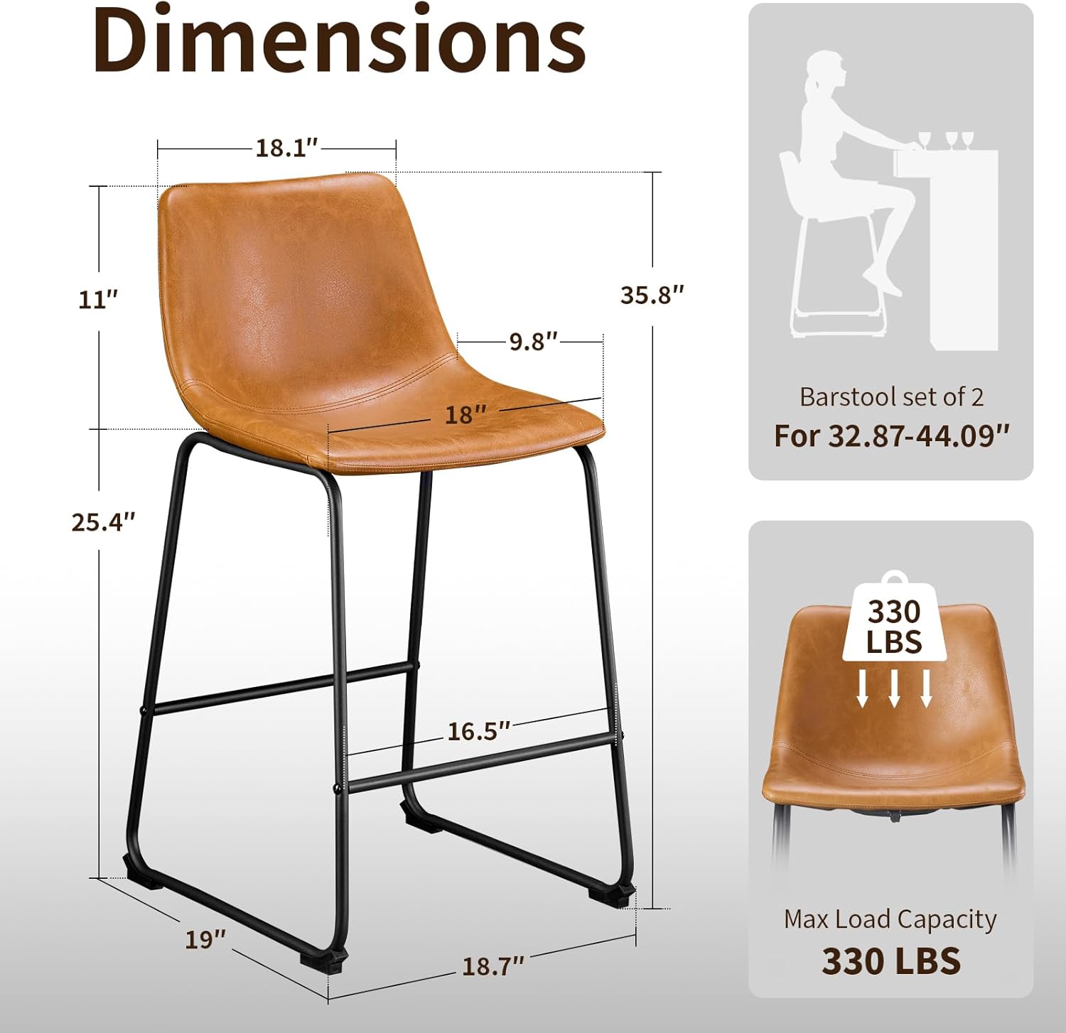 STOOLINK 26 Inch Bar Stools Set of 2, Counter Height Bar stools for Kitchen Island, Modern Crazy Horse Leather Bar Stool with Back and Metal Legs, Whiskey Brown