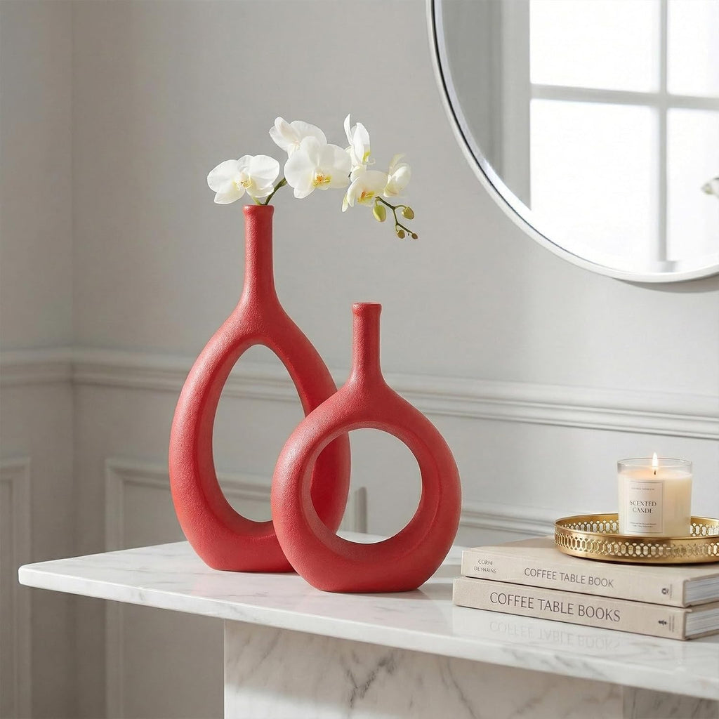 Red Ceramic Hollow Elliptical Vase Set of 2 - Boho Circle Vase with Hole, for Modern Red Table Decor, Living Room Decor Shelf mid Century Modern Home Entrance Decorative vase
