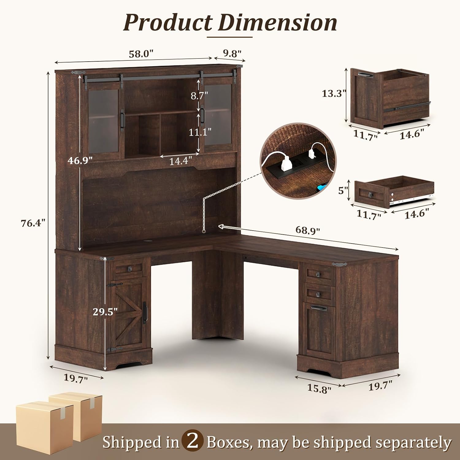 Squireewo 68.9'' Farmhouse L Shaped Desk with Hutch and Drawers, 76" High Wood Executive Home Office Desk with Charging Station, File Drawer and Cabinet, Computer Corner Desk with Sliding Doors, Brown
