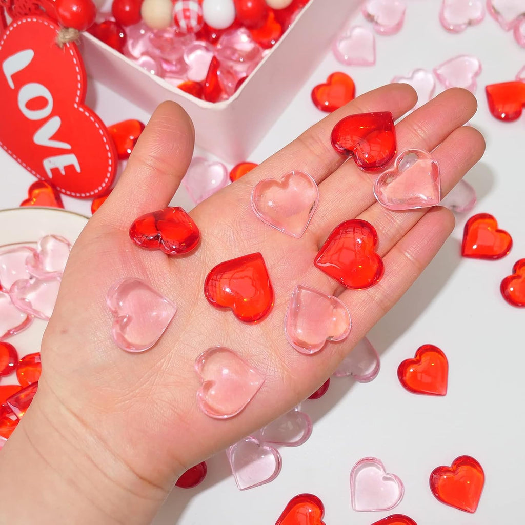 HADDIY Valentines Day Heart Gems Decorations,152 Pcs Red Pink Plastic 3D Heart Shaped Rocks for Wedding Vase Filler,Bowl Filler,Table Scatter,Crafts and Tic Tac Toe