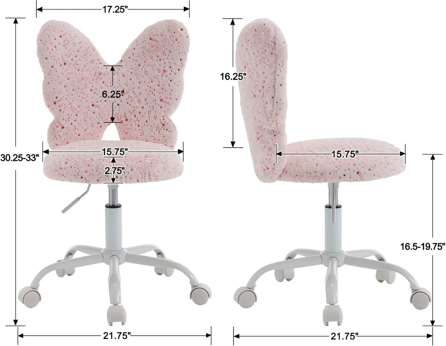 Kmax Kids Desk Chair, Faux Fur Butterfly Chair with Wheels Adjustable Fuzzy Kids Office Chair Cute Swivel Childrens Chair for Bedroom Reading Room - Pink