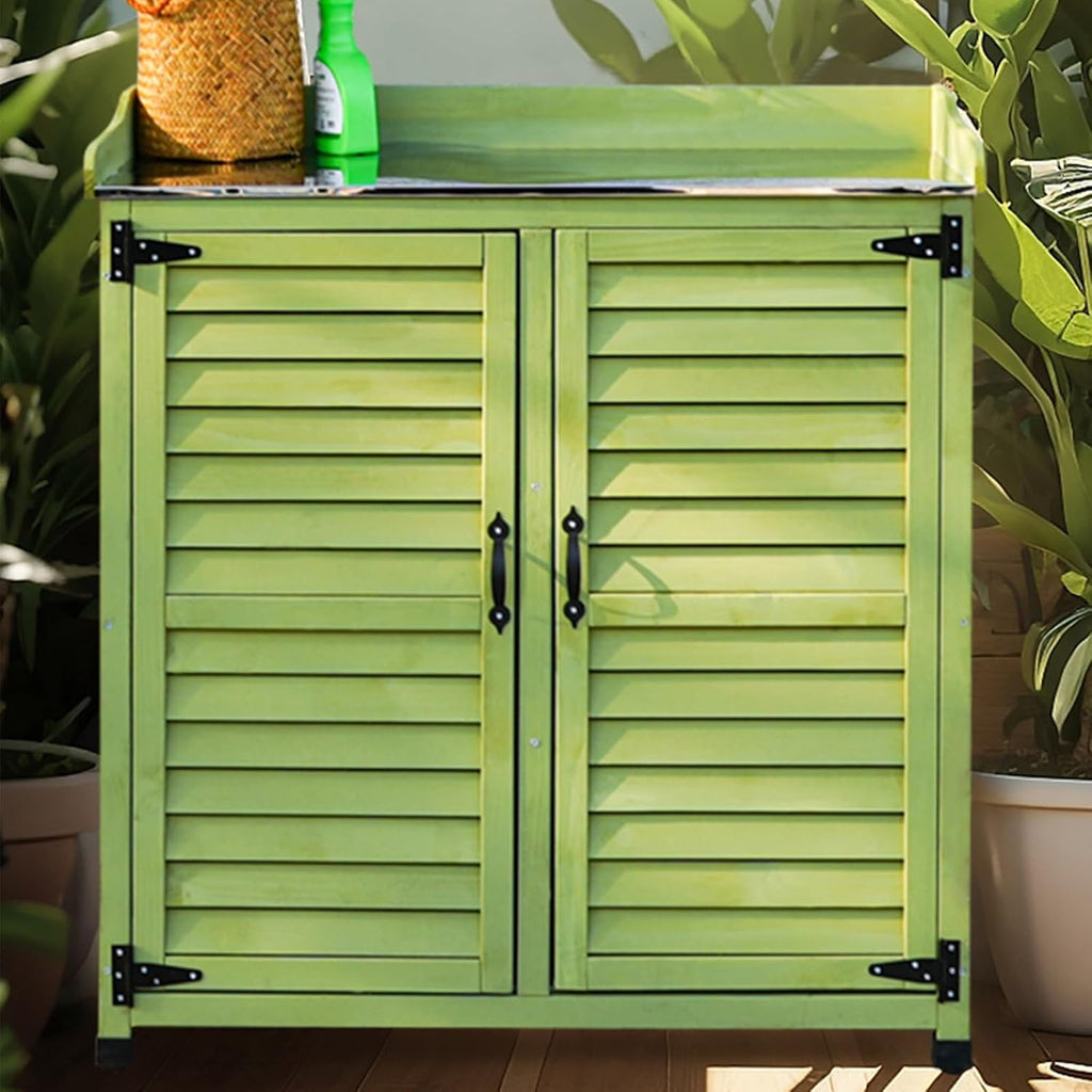 Outdoor Garden Patio Wooden Storage Cabinet with Adjustable Shelf & Metal Top Green Color Potting Bench Storage Cabinet for Garden Tools,One Color-Brown