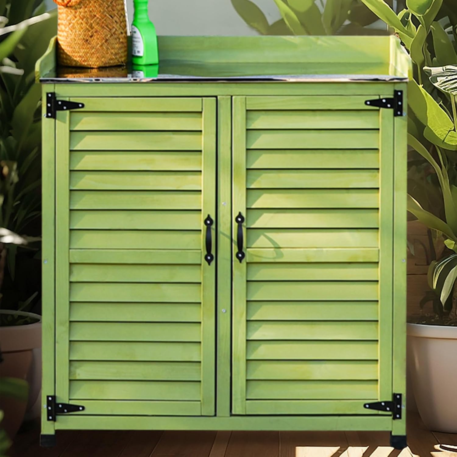Outdoor Garden Patio Wooden Storage Cabinet with Adjustable Shelf & Metal Top Green Color Potting Bench Storage Cabinet for Garden Tools,One Color-Brown