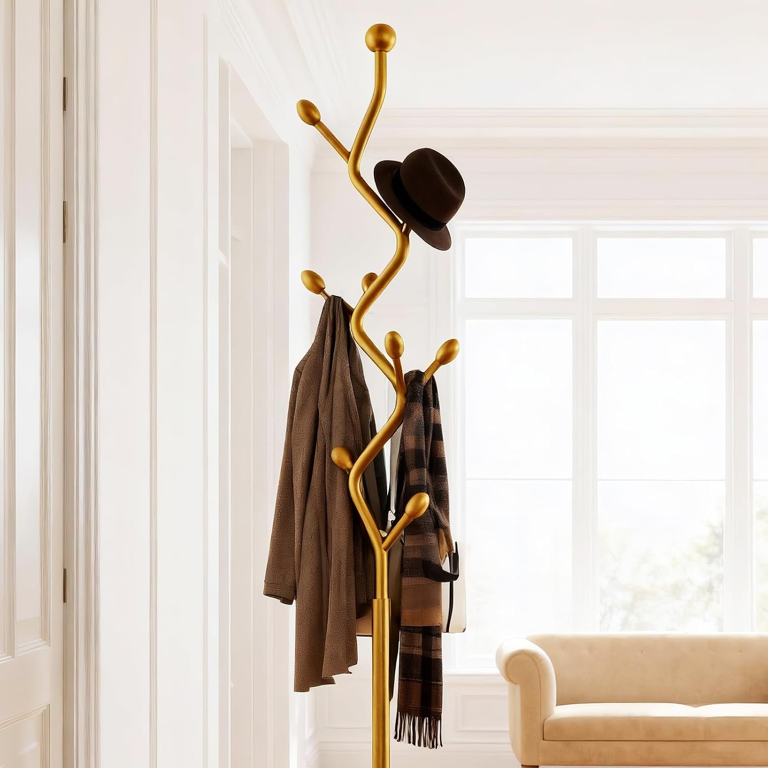 Gold coat rack,Coat Tree Freestanding heavy duty with 8 Hooks and Sturdy Metal Base for Coat Hats Purses,Tree-shaped Coat Stand for Entryway,Bedroom