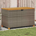 Patio Storage Box Gray Poly Rattan Resin Wicker Bench with Acacia Wood Lid 43.3"x21.7"x24.8" Weather Resistant Outdoor Deck Cushion Chest for Garden Backyard Porch