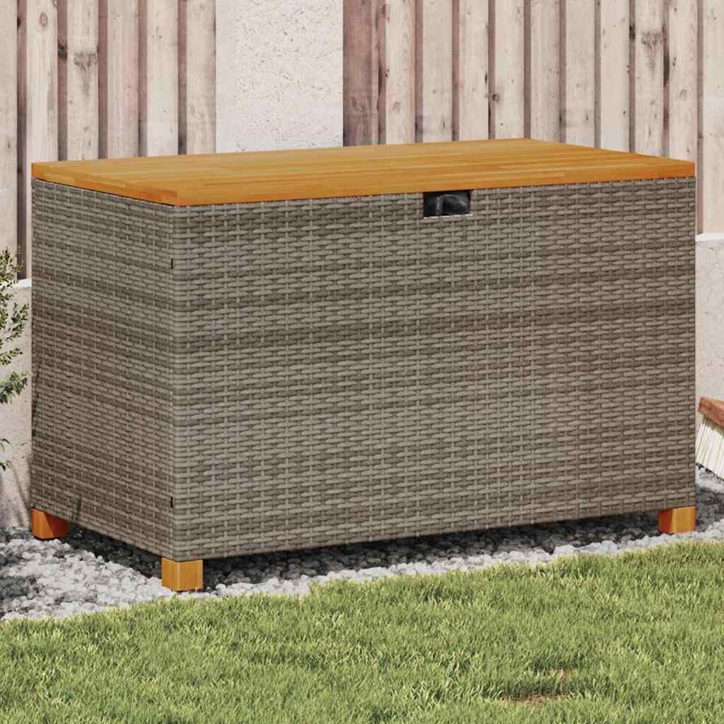 Patio Storage Box Gray 43.3x21.7x24.8 Inch Poly Rattan Outdoor Garden Bench Seat with Acacia Wood Top and Waterproof Bag