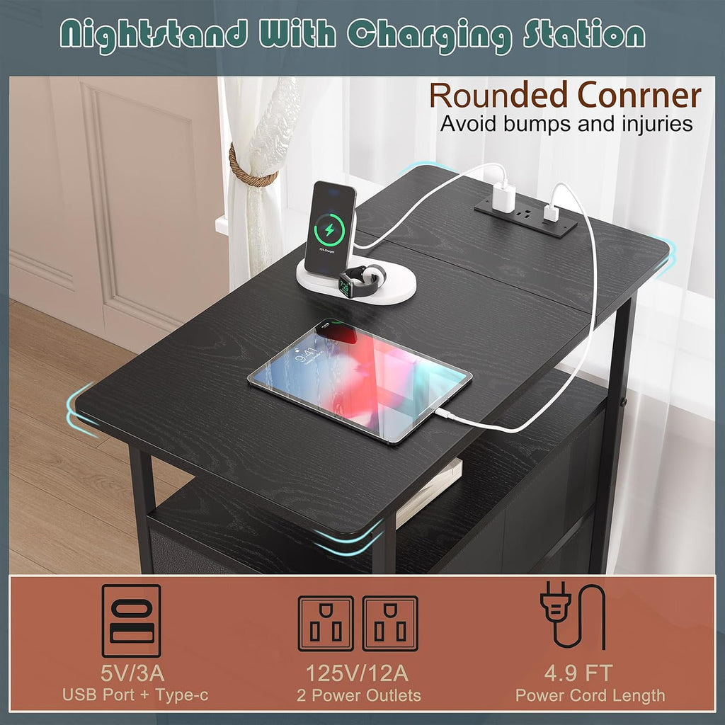 sthmec End Table with Charging Station, Narrow Side Table with 2 Drawers, LED Nightstands with Drawers, USB Ports & Power Oulets,Slim Sofa Side Tables for Small Spaces,Living Room,Bedroom, Black