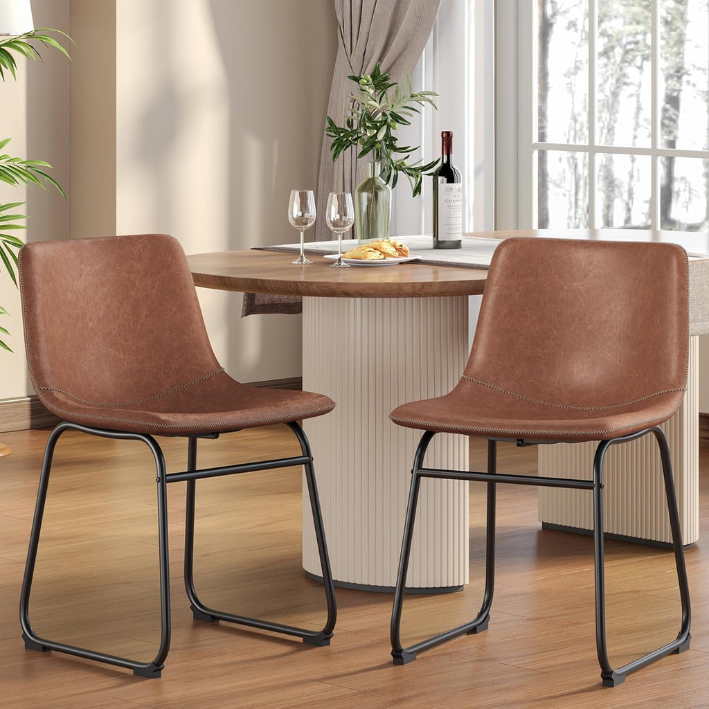 Dining Chairs Set of 2, 18 Inch Faux Leather Kitchen Chairs with Back, Modern Armless Dining Room Chair with Metal Legs for Home Bistro Coffee Shops (Dark Brown)
