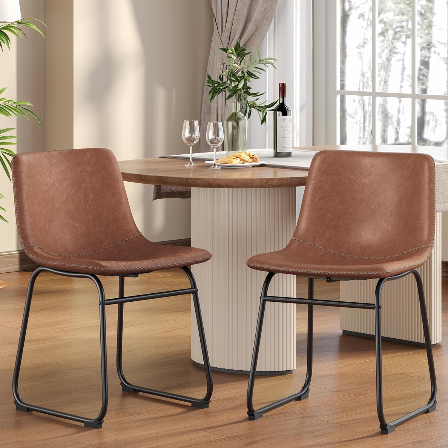 Dining Chairs Set of 2, 18 Inch Faux Leather Kitchen Chairs with Back, Modern Armless Dining Room Chair with Metal Legs for Home Bistro Coffee Shops (Dark Brown)