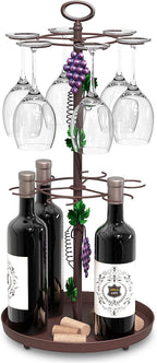 Farmhouse Metal Wine Rack with Glass Holder Decor, Countertop Champagne Bottle & Hanging Wine Glass Holder Stand,Tabletop Stemware Storage Rack with 6 Hooks for Kitchen, Dining Table,Bar