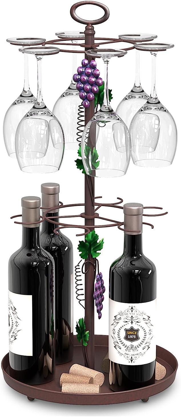 Farmhouse Metal Wine Rack with Glass Holder Decor, Countertop Champagne Bottle & Hanging Wine Glass Holder Stand,Tabletop Stemware Storage Rack with 6 Hooks for Kitchen, Dining Table,Bar