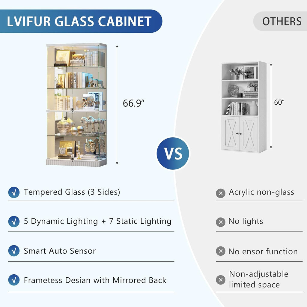 Glass Display Cabinet with Human Body Sensing RGB Lights,5-Tiers Curio Cabinet Display Case with Lock, Frameless Tall Showcase Display Shelf for Collectibles, Living Room Bookcase Storage Cabinet