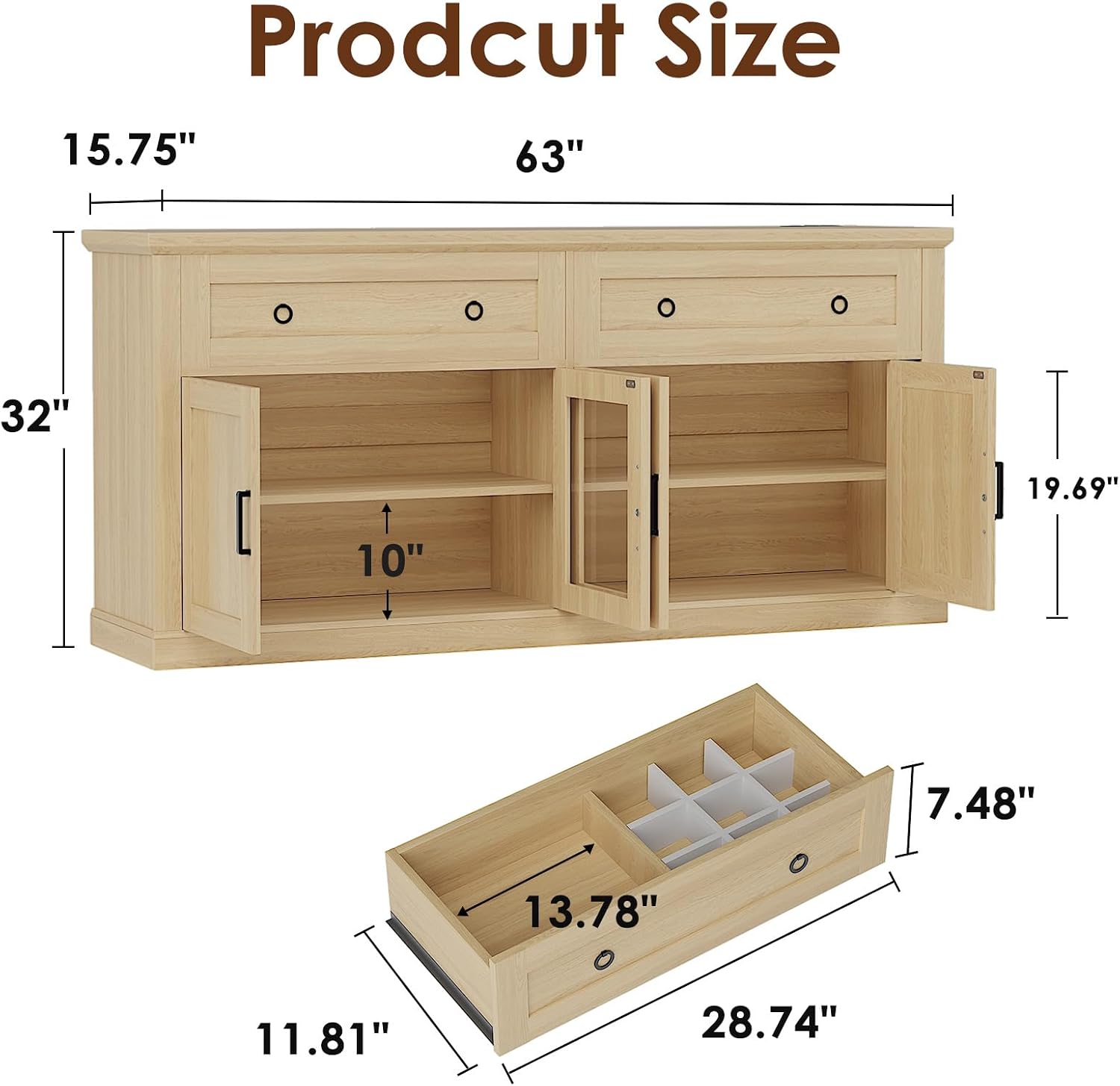 63'' Sideboard Buffet Cabinet with Storage, Modern Storage Cabinet with Outlets & LED Light, 2 Drawers and 4 Doors, Adjustable Shelves, Coffee Bar Cabinets for Kitchen Living Room, Wood