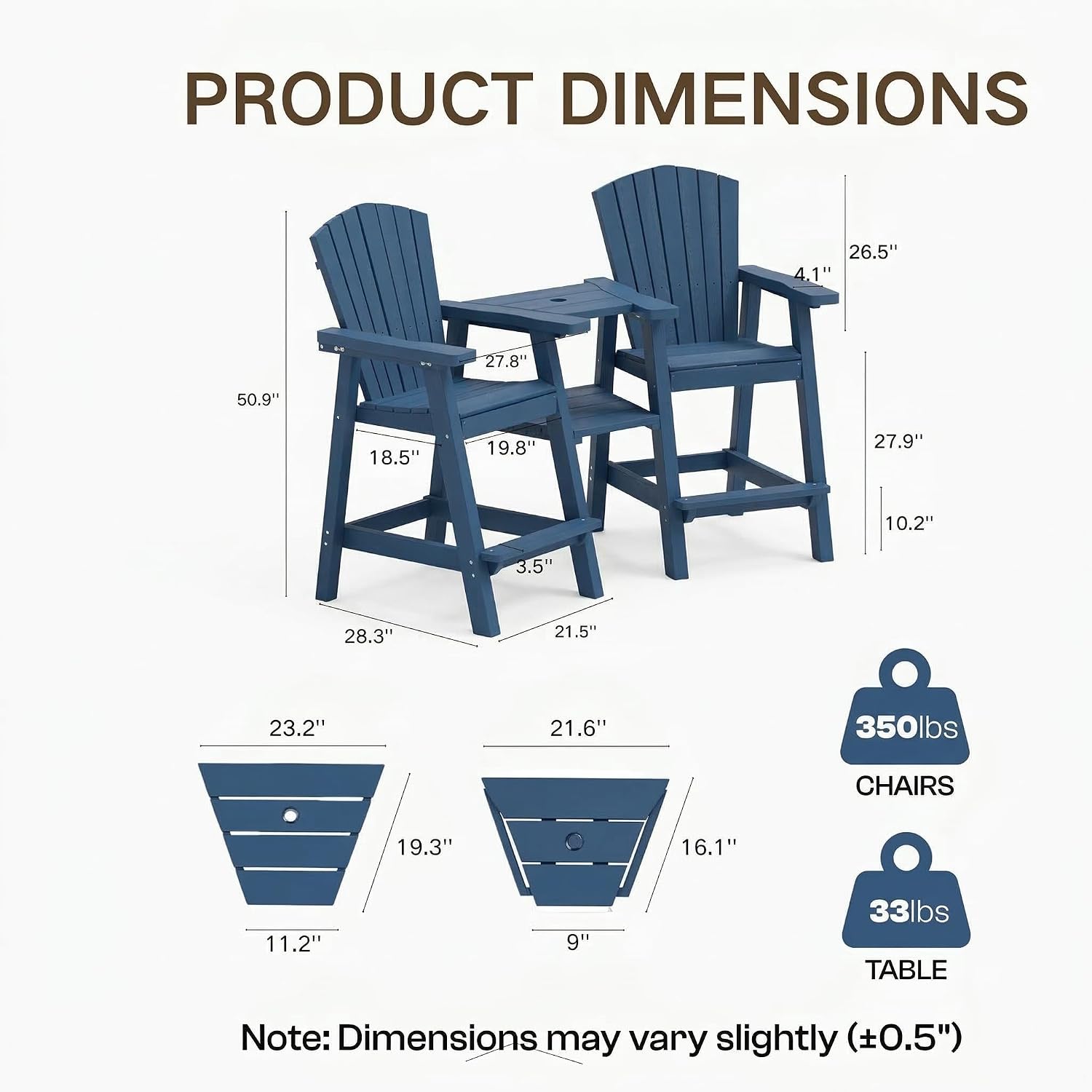 Kingdura Tall Adirondack Chairs Set of 2 with Removable Connecting Tray & 2" Umbrella Hole, Weather-Resistant HDPE Bar Height Outdoor Chairs, Wood-Look Balcony Bar Stools for Patio, Deck (Navy Blue)