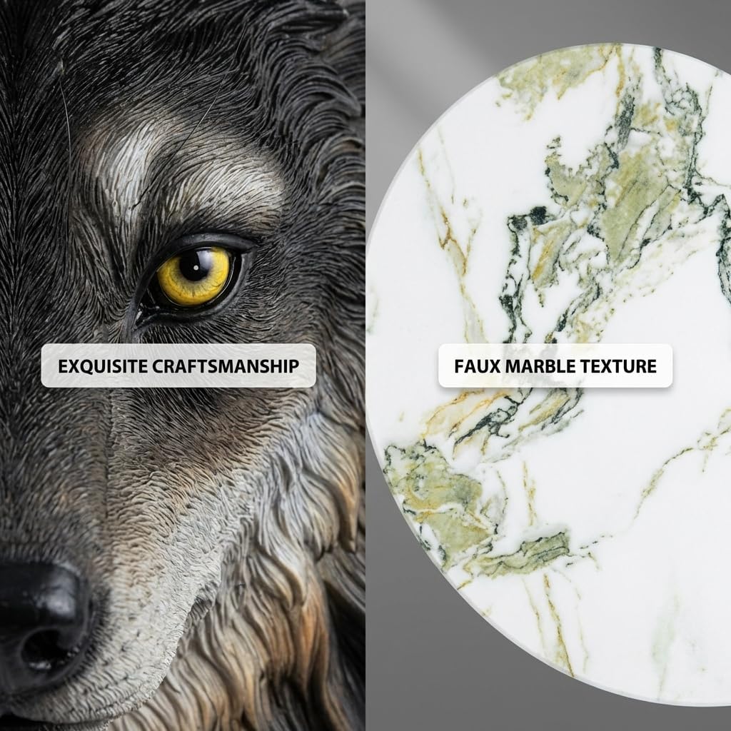 Modern Wolf Head Side Table, Artistic Animal Sculpture End Table with Faux Marble Top, Unique Fiberglass Accent Table for Living Room & Bedroom, Ideal Gift for Wolf Lovers (Realistic)