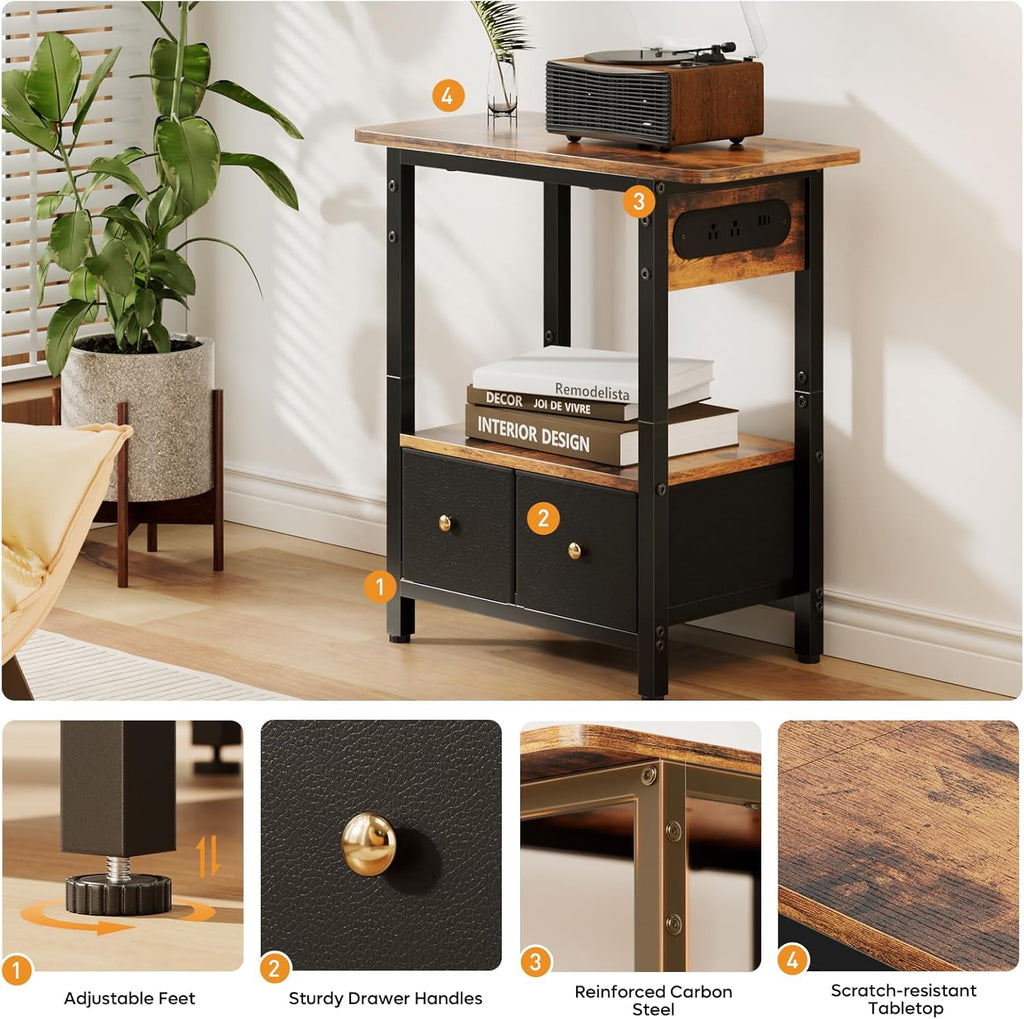 HLDIRECT 24" W End Table with Charging Station & USB Ports (Rustic Brown) | 2 Fabric Drawers & Storage Shelf ,Max Load 45 lbs, FSC-Certified MDF Wood, Metal Frame, Bedside Table for Small Space