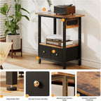 HLDIRECT 24" W End Table with Charging Station & USB Ports (Rustic Brown) | 2 Fabric Drawers & Storage Shelf ,Max Load 45 lbs, FSC-Certified MDF Wood, Metal Frame, Bedside Table for Small Space