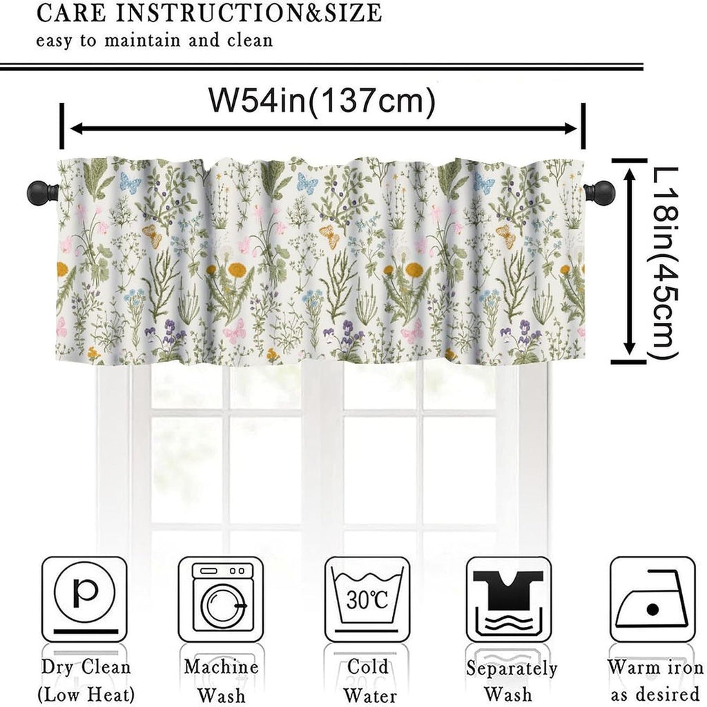Vintage Plant Valance Curtains,Retro Wildflower Green Leaf Ferns Print for Farmhouse Kitchen Bathroom Laundry Living Room Deco 54" W x 18" L Inch