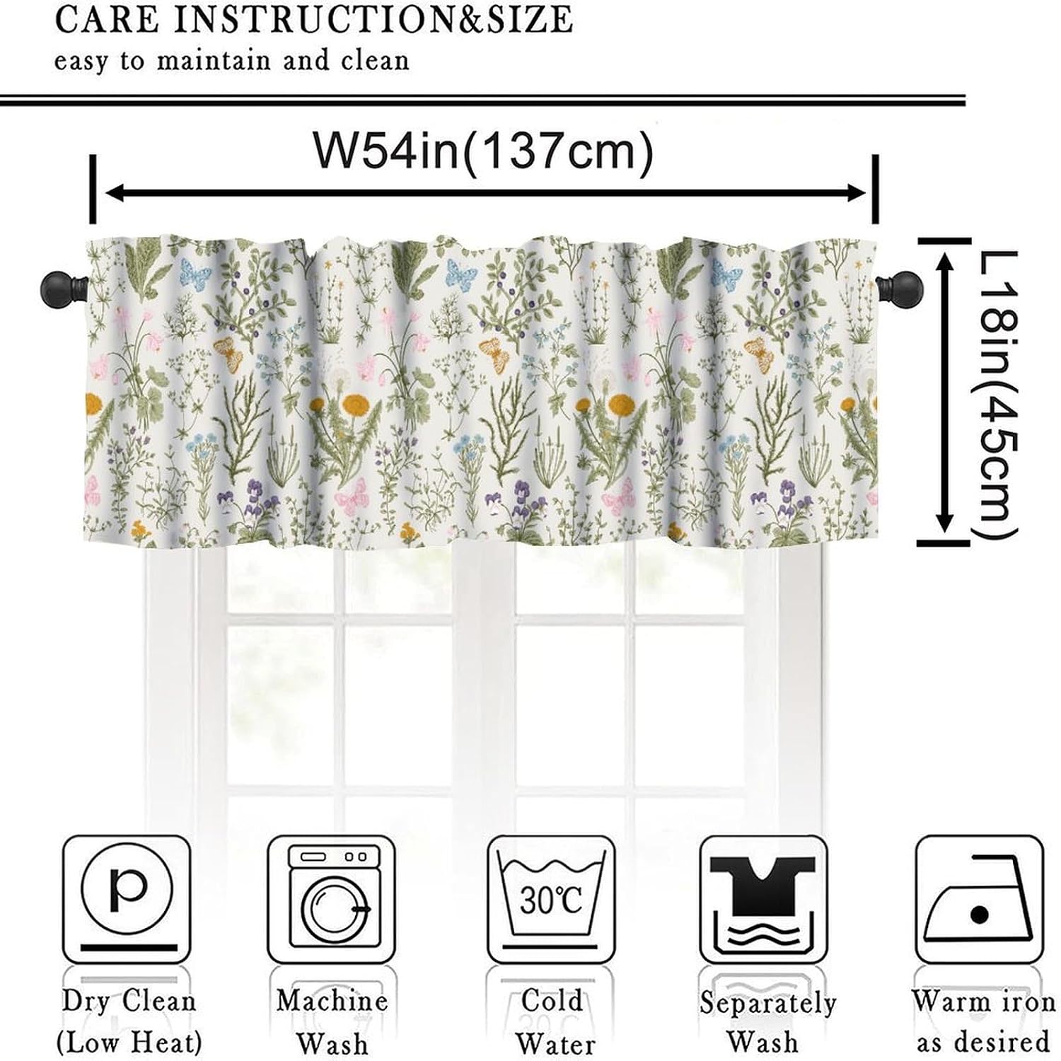 Vintage Plant Valance Curtains,Retro Wildflower Green Leaf Ferns Print for Farmhouse Kitchen Bathroom Laundry Living Room Deco 54" W x 18" L Inch