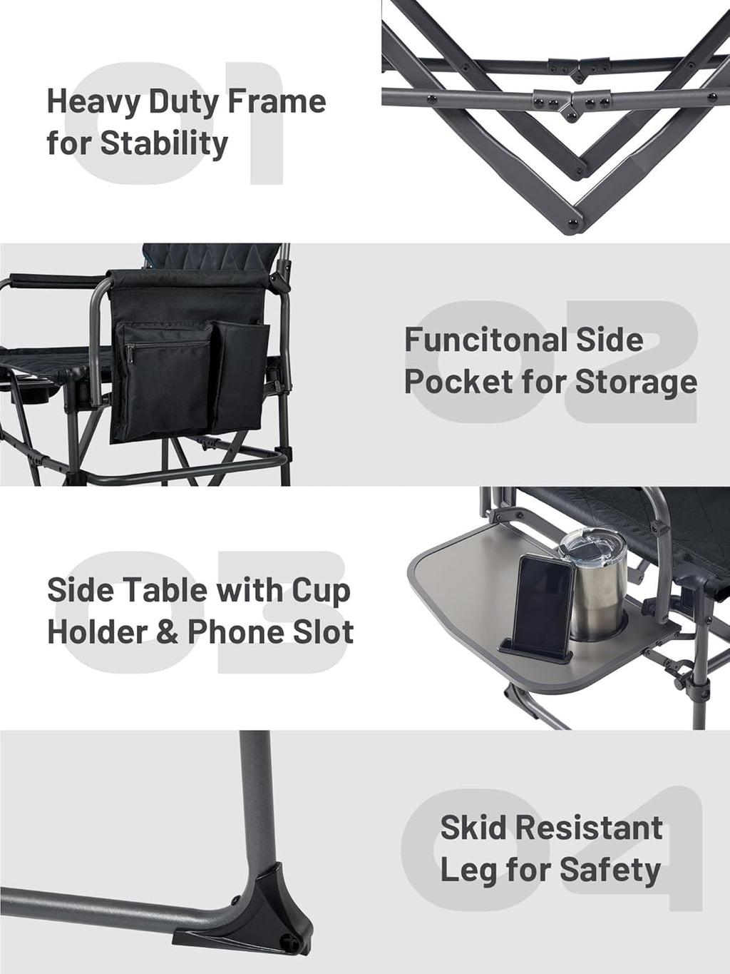 TIMBER RIDGE Heavy Duty Camping Chair with Compact Size, Portable Directors Chair with Side Table and Pocket for Camping, Lawn, Sports and Fishing, Supports Up to 400lbs, Black