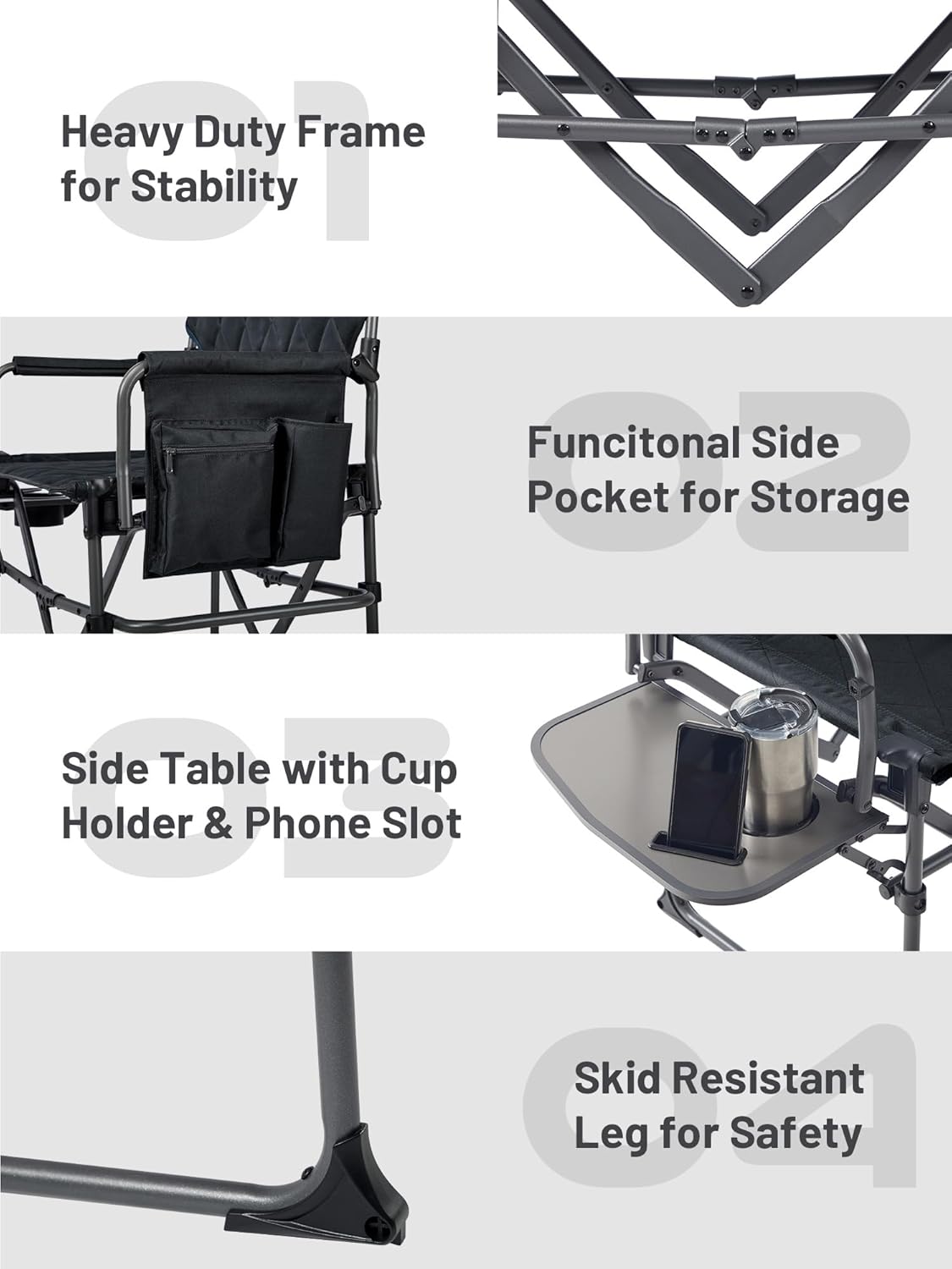TIMBER RIDGE Heavy Duty Camping Chair with Compact Size, Portable Directors Chair with Side Table and Pocket for Camping, Lawn, Sports and Fishing, Supports Up to 400lbs, Black