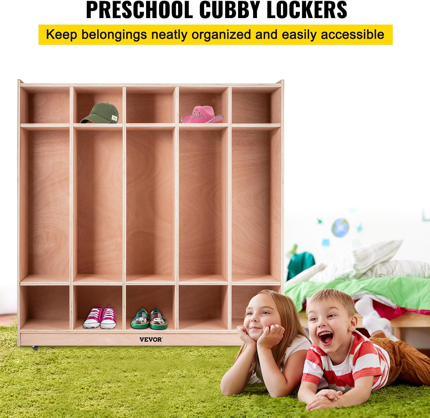 VEVOR 5-Section Classroom Coat Locker, 10 Cubbies for Daycare, Classroom Cubbies with 4 Casters & 5 Hooks, Daycare Furniture for Home, School, Nursery, Kindergarten