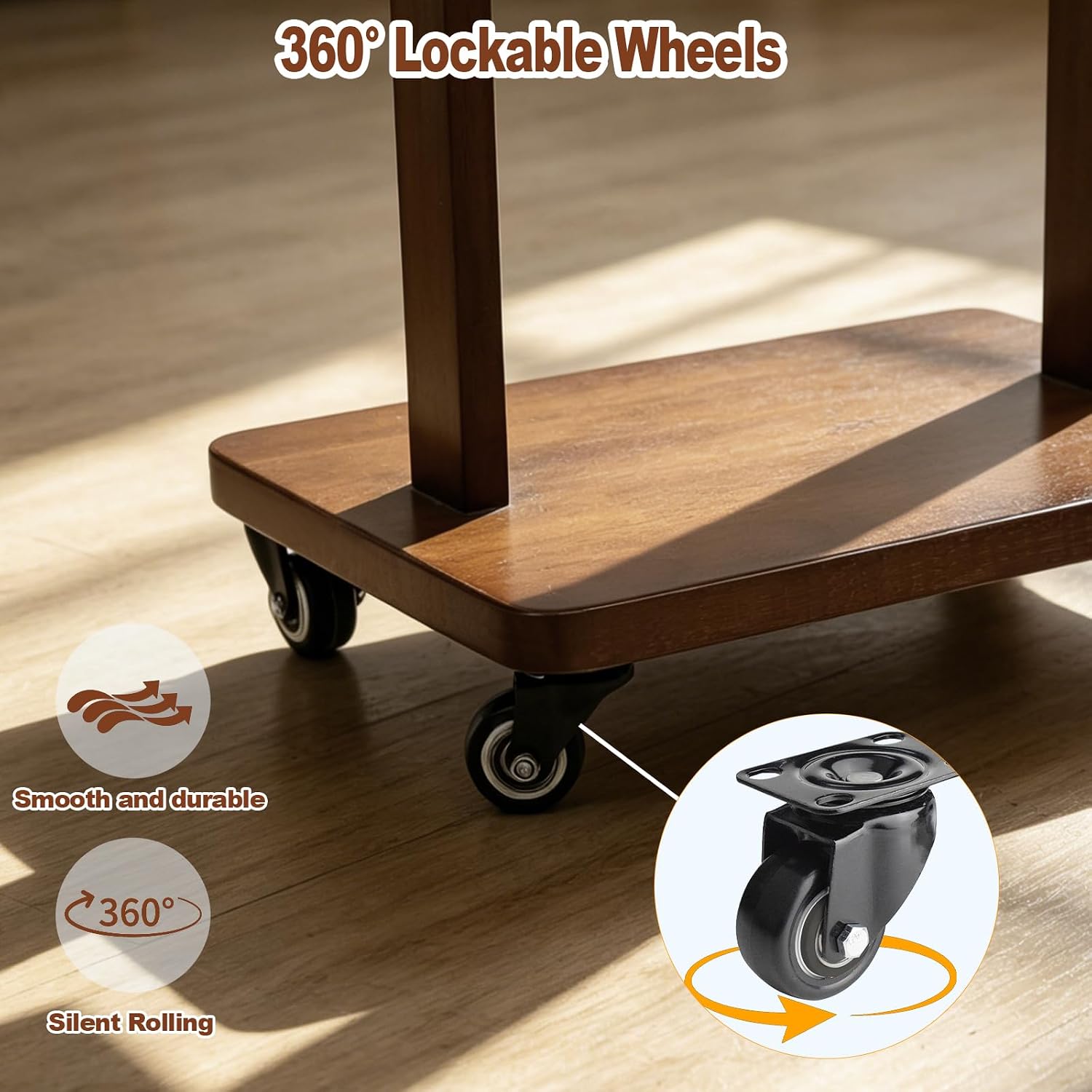 Solid Wood Coat Rack with Wheels - 2-Tier Freestanding Clothing Rack with 5 Hooks & Storage Shelves, Heavy Duty Rolling Clothes Stand for Entryway, Bedroom, Corner