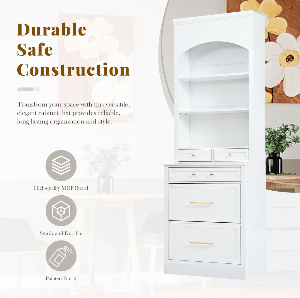 LUMISOL 83.7” Kitchen Pantry, Freestanding Tall Kitchen Hutch with Faux Marble Top, Display Cupboard Cabinet with 5 Storage Drawers and Adjustable Shelf, Storage Cabinet for Kitchen Dining Room, White