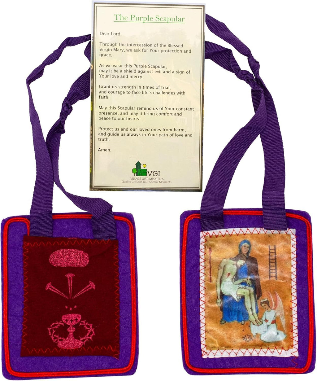 VILLAGE GIFT IMPORTERS Pack of Two Marie Julie Jahenny Purple Scapular | Benediction and Protection Scapular on Knotted Cord | Wear or Display in the Home | Includes Prayer Card