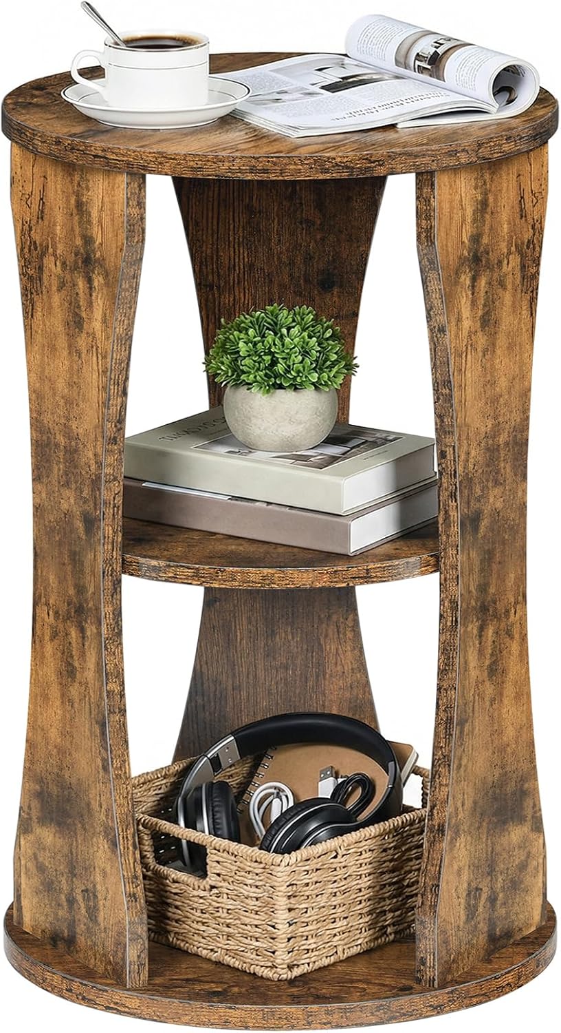YATINEY Round Side Table, 3-Tier Wooden End Table with Storage Shelves, Accent Table for Small Spaces, Nightstand for Living Room, Bedroom, Rustic Brown ET15BR