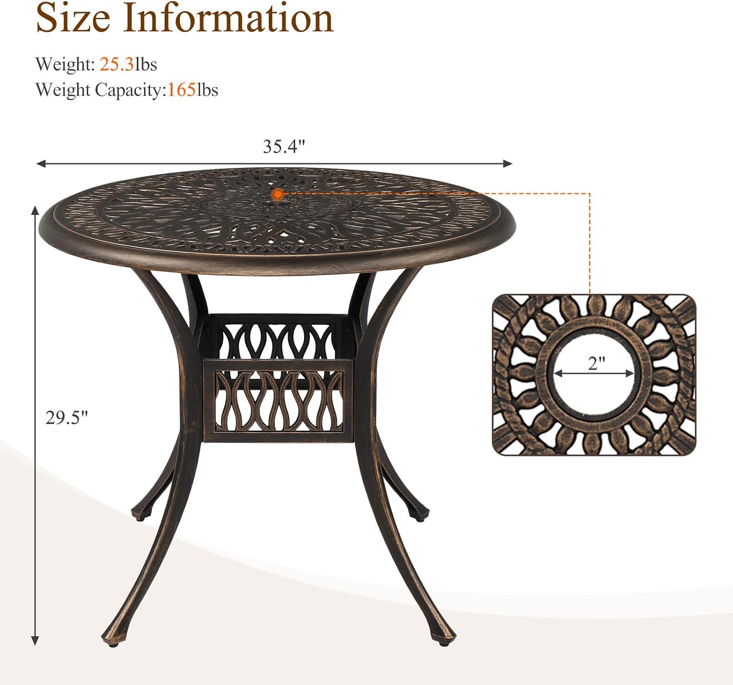 VINGLI 35.4' Dia Patio Dining Table with Umbrella Hole, Cast Aluminum Bistro Table for Outdoor Garden Use (35.4' Dia x 29.5' H)
