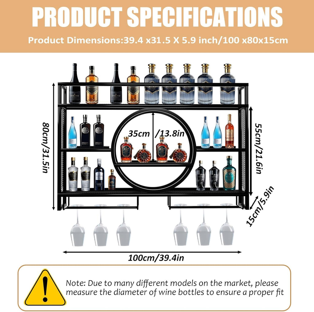 Metal Wine Rack Wall Mounted with LED Light, 3-Tier Bar Liquor Shelf with Wine Glass Holder, Modern Large Capacity Liquor Bottle Display Storage Shelf for Home Bar, Dining Room (Black, 100*80*15)
