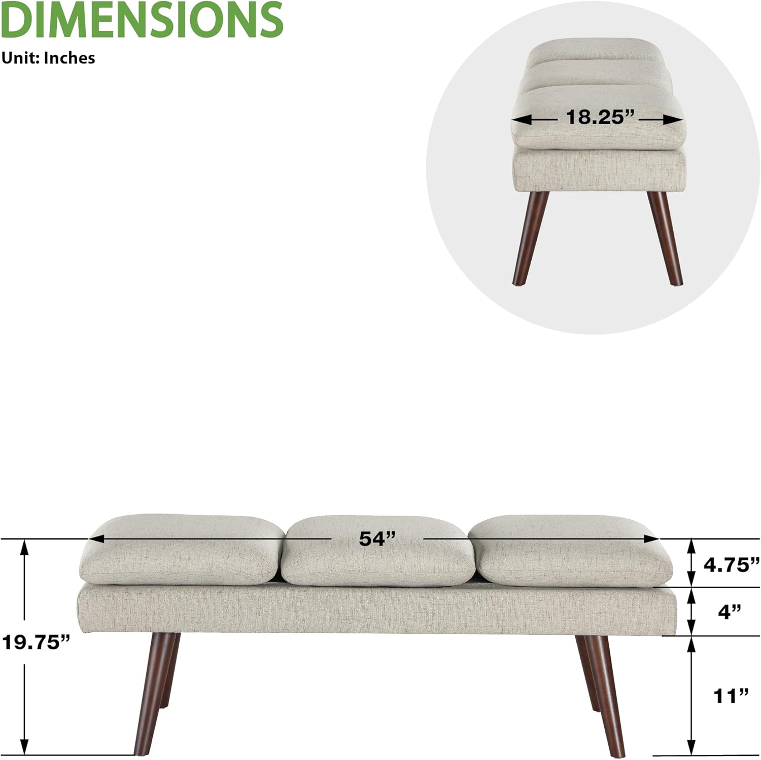 OSP Home Furnishings Amanda Mid-Century Modern Upholstered Bench with Solid Wood Tapered Legs, 54-inches, Linen Fabric