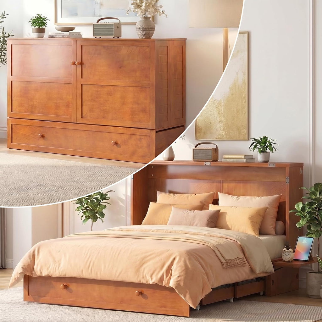 BALUS Queen Murphy Bed with Tri-Fold Memory Foam Mattress, Built-in USB Charging Ports & Bedside Panel, Wood Hidden Wall Beds, Modern Murphy Beds Cabinet Beds for Bedroom/Living Room, Cherry